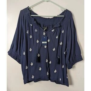 Lucky Brand Tassel Tie Neck Pullover Short Elastic Sleeve Top Size XL NEW 24" L